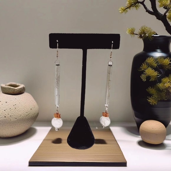 **Modern Elegance: Industrial Pearl & Bronze Coil Spring Drops Earrings** - Picture 2 of 4